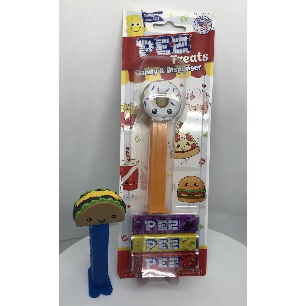 PEZ Treats Collectable 2 pack Candy and Dispensers Donut and‎ Taco Emoji Style